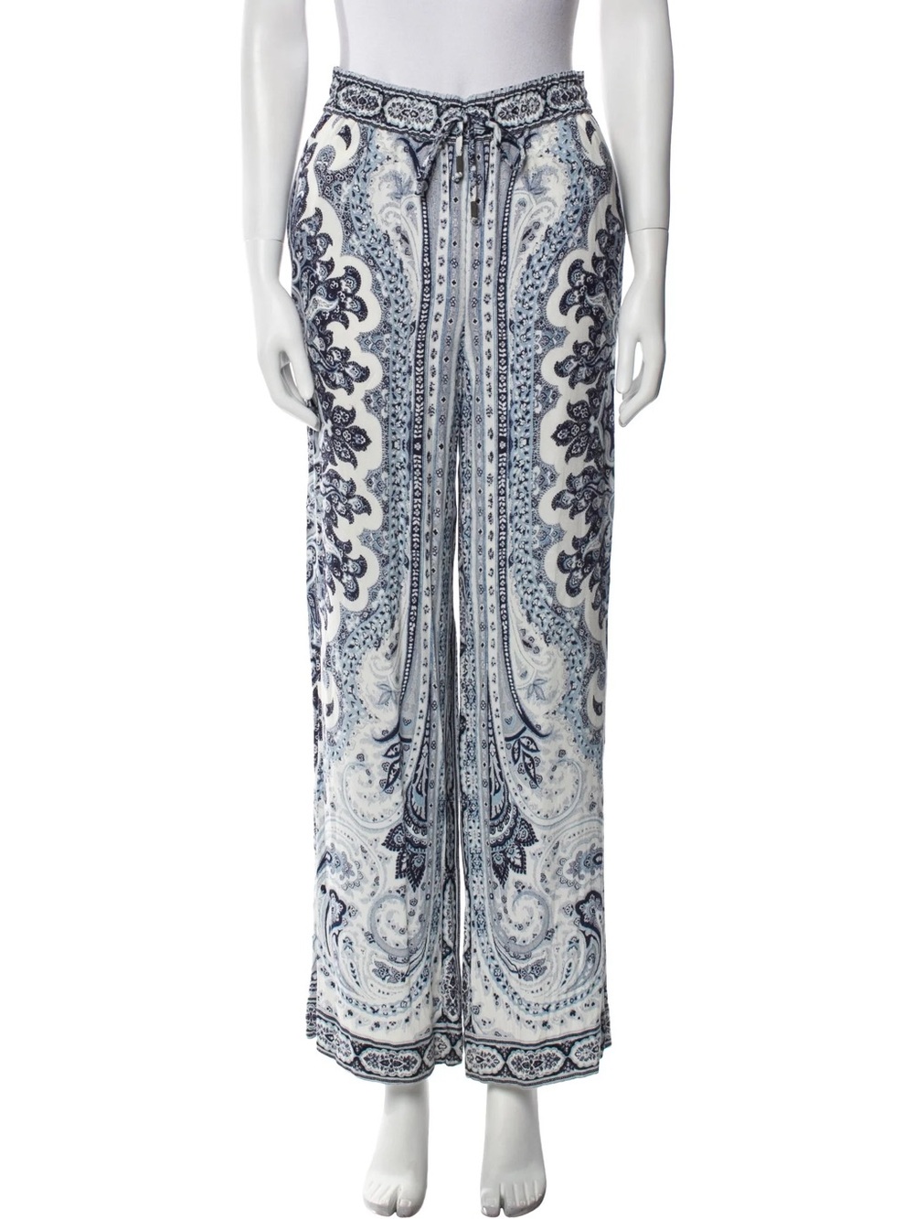 Alice + Olivia White and Blue Paisley Wide-Leg  Pants